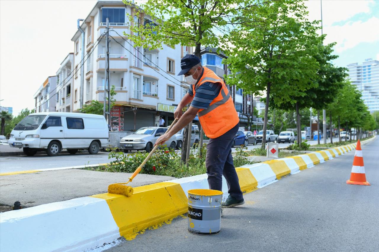 Esenyurt Belediyesi, Ana Arterlerde Refüj Boyalarını Yeniliyor