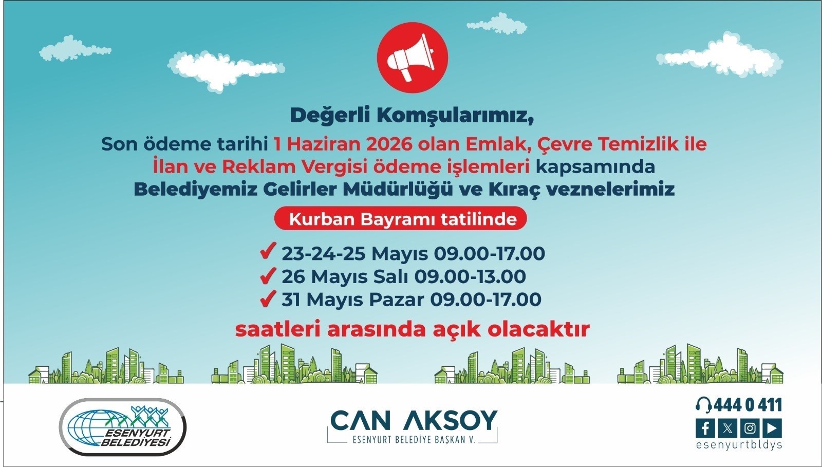 1 Haziran 2026 Emlak, Çevre Temizlik ile İlan ve Reklam Vergisi Ödeme İşlemleri 